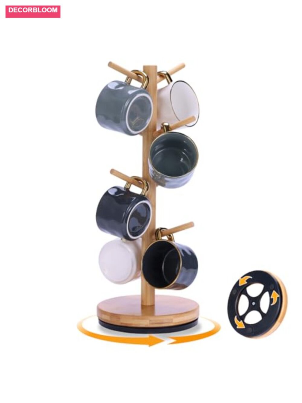 Bamboo Mug Holder Tree 360 Rotating 8 Hooks Kitchen Counter Organizer Coffee